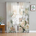 Kollased roosid ja valged kalla-liiliad liblik&otilde;ielised t&uuml;lli l&auml;bipaistvad kardinad elutuppa K&ouml;&ouml;gisisustus Voile Organza kardin 135W x 114H(cm)