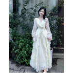 Uus prantsuse stiilis retro &otilde;rn valge V-kaelusega kleit pikkade varrukatega volangidega laminaat pahkluu &uuml;hev&auml;rviline kleit XL