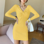 Kevadine ja s&uuml;gisene naiste kleit, kootud alumine kleit Naiste seksikas V-kaelusega kootud kleit Slim Fit, m&auml;hitud puusavillane kleit S burgundiapunane