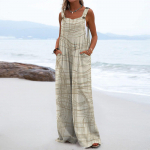 Naiste tr&uuml;kimustriga n&ouml;&ouml;pidega kombinesoon, vaba l&otilde;ikega, varrukateta, taskutega L beež