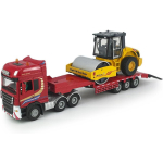 1/50 platvormveoauto m&auml;nguasi koos ekskavaatoriga laaduriga traktori buldooser poolpuksiirveoauto transpordihaagis metallist survevalu konstruktsioon 2-&uuml;hes s&otilde;iduk 1/50-Size:28*5*6.5cm kollane