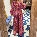 YYFS Naiste mood kevadise s&uuml;gislillemustriga pikkade varrukatega V-kaelusega vabaajakleidid S roosa punane v&auml;rv