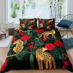 2/3-osaline Leopardi Voodipesukomplekt Troopiliste Lehtede Lillemustriga Tekikoti Komplekt (Tekikott + padjap&uuml;&uuml;r) Botaaniline loomade lohutusvoodikate 90X200cm 2PCS