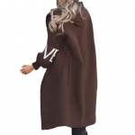 Naiste talvemantel kapuutsiga ja k&uuml;ljetaskutega, silmkoelised varrukad pealisr&otilde;ivaste kirjamustriga XXL pruun