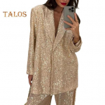 Naiste litrid s&auml;rk p&uuml;ksid rev V kaelus kottis pikkade varrukatega keskmise pikkusega mantel laia s&auml;&auml;rega &uuml;lisuured p&uuml;ksid pidude klubi Kuulsuste komplekt L Jacket kuldne