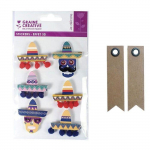 6 stickers 3D Sombreros 5,5 cm + 20 &eacute;tiquettes kraft Fanion