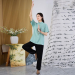 Hiina stiilis suvine Tai Chi riietus Naiste riietus Baduanjin treeningriietus Kaheosaline komplekt 2XL roheline