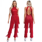 Naiste Varrukateta Jazzi Kost&uuml;&uuml;m Voolavad Tasselitega Romperid Esitantsur&otilde;ivad Tuttidega Jumpsuit Tango Cha-Cha Samba Tantsupeo Kleit S burgundiapunane
