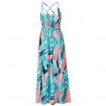 Naiste suvine varrukateta maksikleit spagetipaeltega, V-kaelusega, pikk kleit, boho troopiline stiil, rannapuhkus, A-l&otilde;ikeline kleit L