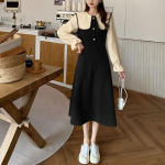 Prantsuse stiilis nukul&otilde;ikega krae, midi-kleit, vintage A-l&otilde;ikeline v&ouml;&ouml;koht, kevad-s&uuml;gis, uus lapitehnikas pikkade varrukatega kleit M must