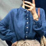 Johnature Vintage s&uuml;gisese linasest pitsist naiste topid Pluusid Lahtiste jaapani n&ouml;&ouml;pidega naiste s&auml;rgid One Size sinine