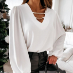 Kevadine s&uuml;gismood pikkade varrukatega Blusa Elegantne soliidne ketiga V-kaelusega &scaron;ifoonpluusis&auml;rk Naiste seksikas &otilde;&otilde;nsad pulloverid 12829 S valge