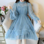 Kevadsuvi elegantsed naiste O-kaelusega t&auml;hed litritega v&otilde;rk, l&auml;ikiv haldjas kleit Naiste elegantne Bling marli printsessi puhvis kleidid L