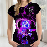 2022 Rose 3D Print Naiste s&auml;rk Harajuku Mood O-kaelusega s&auml;rgid Naiste T-s&auml;rgid Suvised naiste T-s&auml;rgid Top Roosa Kuld L&uuml;hikeste Varrukatega 2XL