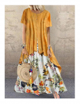 Suvine uus mood Vestidos naiste vabaaja elegantne puuvillane ramjee lapiline prindiga suur all&auml;&auml;r, vaba plusssuuruses Vintage rannamidi kleit M-5XL L kollane
