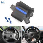 For BMW 3 5 Series E36 E46 E39 X3 E83 X5 E53 2000 Car Steering Wheel Leather Protect Cover Black - red blue line with blue gray