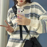 Triibuline dressipluus naiste Harajuku Oversize Pullover Korea Ins Designer lahtised pikkade varrukatega topid Y2k M elevandiluuvalge