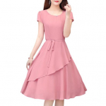 Naiste midikleit O-kaelusega l&uuml;hikeste varrukatega elegantne kleit, kihiline &auml;&auml;ris, pitsiline A-line midikleit t&auml;navar&otilde;ivad L roosa