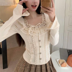 S&uuml;gis naised Prantsuse vintage esteetilised pikkade varrukatega T-s&auml;rgid Mori Girl Lace Coquette Square Collar Crop Tops Maillard Fairy Core S beež