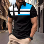 Moodne suur meeste l&uuml;hikeste varrukatega meeste triibuline 3D prinditud polo vabaaja meeste topsid S punane