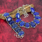 Lapis Lazuli Gemstone 925 Prooviga Sterling H&otilde;bedast Kaelakee ja K&auml;ev&otilde;ru Ehtekomplekt, H&auml;mmastav Looduslik K&auml;sit&ouml;&ouml; Ehtekomplekt Pulmakingiks Adjustable With 8"-18" sinine