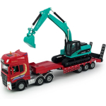 1/50 platvormveoauto m&auml;nguasi koos ekskavaatoriga laaduriga traktori buldooser poolpuksiirveoauto transpordihaagis metallist survevalu konstruktsioon 2-&uuml;hes s&otilde;iduk 1/50-Size:28*5*6.5cm roheline