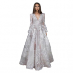 Naiste &otilde;htukleit s&uuml;gav V kaelusega pits Lilletikandiga maksikleit A-joonega S valge