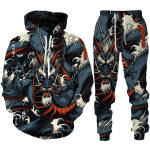 Jaapani Samurai Oni Maski T&auml;toveeringu Kunst 3D Prindiga Treening&uuml;likonna Komplektid Vabaaja Kapuutsiga Dressipluus + P&uuml;ksid 2tk Komplektid Moodne Mees Naine Harajuku Streetwear 2XL gray