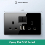 Luksuslik karastatud klaasist seinavalgusti l&uuml;liti nupp must &Uuml;hendkuningriigi pistik 13A universaalne seinakontakt USB, 220V1gang2way kiirusl&uuml;litiga