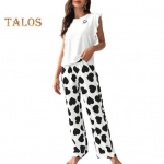 Naiste satiinist pidžaamakomplekt volangidega trimmiga maika ja laia s&auml;&auml;rega p&uuml;kste komplekt vabaaja 2-osaline koduriiete puhke&uuml;likond S roosa