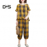 Naiste kaheosaline vabaaja ruuduline l&uuml;hikeste varrukatega pluusi ja dressip&uuml;kside komplekt suvine lahtine riietus L