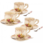 Euroopa portselanist teetasside ja alustasside komplekt, vintage lilleline teetasside komplekt, elevandiluu v&auml;rvi kuldse &auml;&auml;risega lilleline kohvitasside komplekt 8 untsi Set Of 4 lilleline