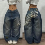 Ameerika Uus Mood Geomeetriline Muster Tikitud Baggy Teksad Naiste Y2K Harajuku Vintage Hip-hop Populaarsed Vabaaja Laiade S&auml;&auml;rtega P&uuml;ksid S sinine