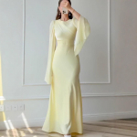 2025 S&uuml;gis Naiste Pikkade Varrukatega V&ouml;&ouml;kohta Kitsendav &Uuml;mmarguse Kaelusega Moodne Kleit XXL kollane