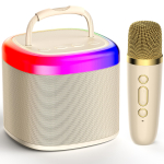 Mini Karaoke masin lastele, kaasaskantav Bluetooth karaoke k&otilde;lar, toiteallikata korpused 2 juhtmevaba mikrofoniga ja peovalgustusega t&auml;iskasvanutele(Beež)
