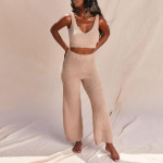 Naiste mood &uuml;hev&auml;rviline pl&uuml;&uuml;sis kampsun V-kaelusega kootud vestiga Crop top ja pikad p&uuml;ksid kaheosaline &uuml;likond M khaki