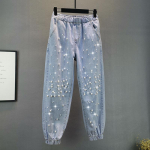 Teksad Naistele Streetwear Mood Denim Haremip&uuml;ksid Alaosad Elastne V&ouml;&ouml;koht Helmed Vabaaja Vintage Y2k P&uuml;ksid Naistele XS sinine