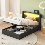 Polsterdatud Voodi Lastevoodi 90x200 LED-valgusriba, Bluetooth-m&auml;ngija ja USB-laadimisega, PU-nahast panipaiguga, K&otilde;rgvoodi, Noortele lippresti raamiga 212.5 x 96.5 x 103 cm must