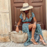 Boho Paisley Print pikk kleit Naiste vintage V kaelusega l&uuml;hikeste varrukatega kleidid Naiste elegantne suur &auml;&auml;risv&ouml;&ouml;ga rannakleit Maxi kleit XXL pruun