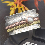 Valge p&auml;rliga s&otilde;rmus, 925 naelsterlingi h&otilde;bedane s&otilde;rmus, kolmetooniline s&otilde;rmus, v&ouml;&ouml;rihm, k&auml;sitsi valmistatud ehted, s&otilde;rmus Statement, Bohemian ring 6