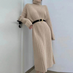 Prantsuse kootud kleit naistele s&uuml;gis/talv Keskmise pikkusega k&otilde;rge kraega villane kleit Naiste massiivne pikkade varrukatega kampsunkleit Naiste topid One Size khaki