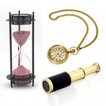 Liivataimeri messingist teleskoop ja Gandhi kella kombinatsioon