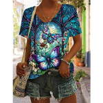 Naiste T-s&auml;rk Tee Cat 3D igap&auml;evane n&auml;dalavahetus punane tumesinine sinine tr&uuml;kis l&uuml;hikeste varrukatega mood naljakas V kaelus, tavaline sobiv kevad ja suvi S