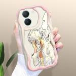 Armas koomiksimustriga kreemjas tekstuuriga korpus, lainelise servaga pehme silikoonkaanega telefoni&uuml;mbris Vivo jaoks Vivo S1 valge