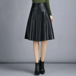 Naiste kevad-s&uuml;gis PU-nahast seelikud Naiste k&otilde;rge v&ouml;&ouml;kohaga A-line seelik Midi pikkus must seelik naistele S