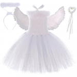Valge Inglikost&uuml;&uuml;m T&uuml;drukutele Halloweeni S&uuml;nnip&auml;evapeo Kleit Laste S&auml;delev T&uuml;ll Printsessi Tutu Kleit Haloga Sulgedest Tiivad V&otilde;lukepp S (1-2 Years) valge
