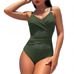 Naiste Monokini s&uuml;gava V-kaelusega varrukateta Slim Fit, &uuml;hes t&uuml;kis bikiinid, &uuml;hev&auml;rvilised v&otilde;rkkangast &uuml;hendavad k&otilde;hukontrolliga ujumisriided S armee roheline v&auml;rv