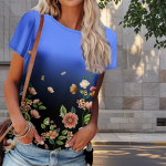 Naiste suvine lilleprindiga T-s&auml;rk, retro stiilis l&uuml;hikeste varrukatega t-s&auml;rgid, vabaaja tr&uuml;kitud topid XS sinine