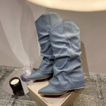 Volditud Sinised Denim Saapad Moodsad Naiste Chelsea Saapad S&uuml;gis Talv Keskmise Kontsaga Saapad 2024 Uued Naiste Kingad Botas Altas Mujer 35