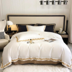 1000TC Egiptuse puuvillast luksuslik kuldse tikandiga voodipesukomplekt Must Khaki lapitehnika tekikate Voodilina Pinguldatud lakan Padjap&uuml;&uuml;rid Queen 200X230cm 4pcs